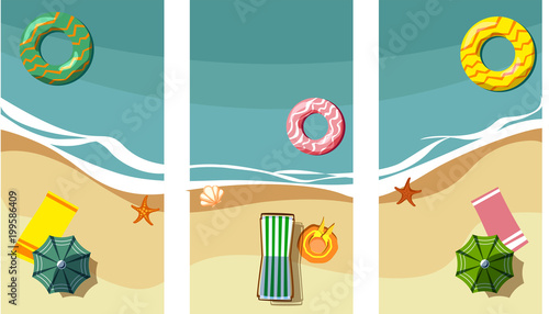 Vacation card with beach and chaise-longues.