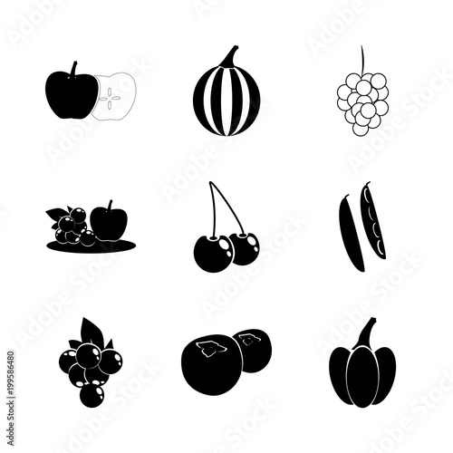 icon Fruits And Vegetables with pepper, spicy, watermelon, vitamin and apricot