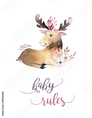 Cute watercolor bohemian baby moose animal poster for nursary, alphabet woodland isolated forest illustration for children. Baby shower animals invitation