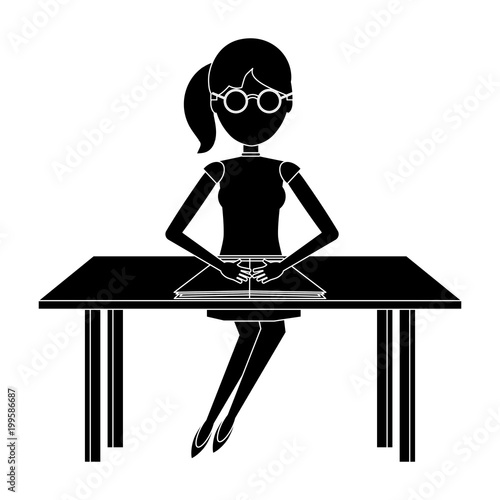 avatar woman studying and sitting at desk over white background, vector illustration