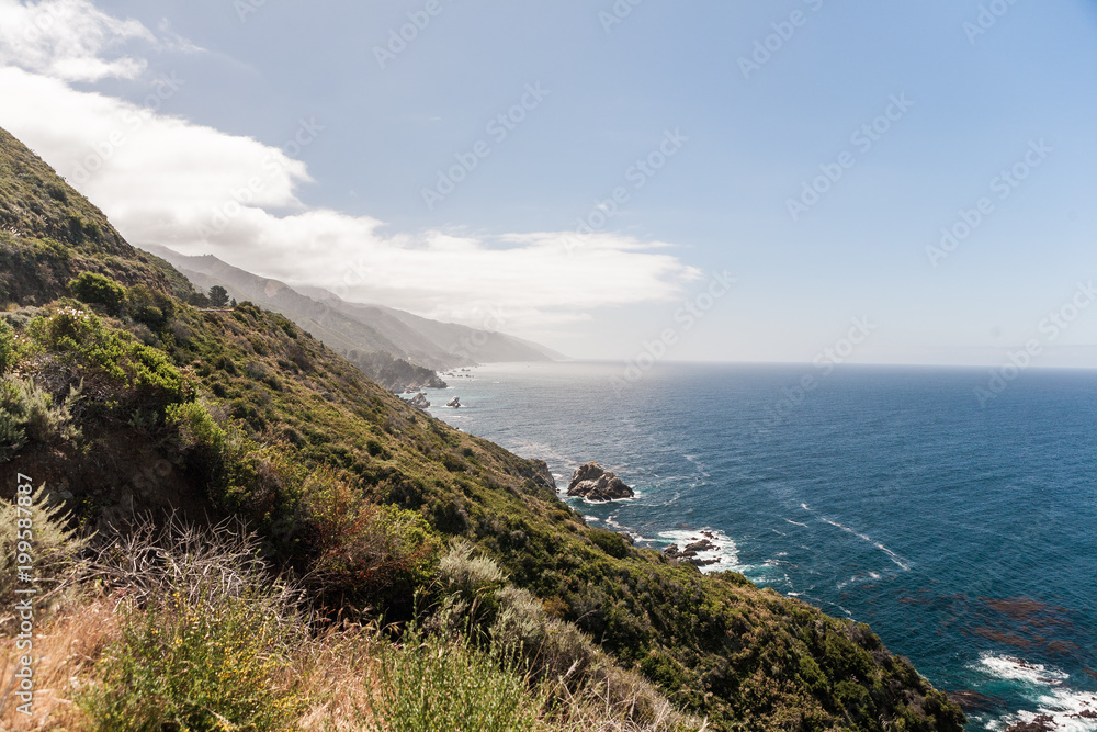 View of Hills, Mountains and the Rocky Shore of Big Sur National Park, California 