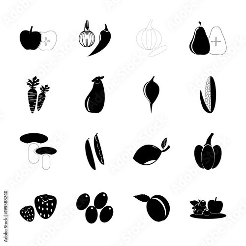 icon Fruits And Vegetables with apple, berry, olive oil, viand and tinder