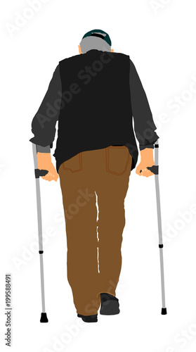 lonely elderly senior walking alone vector isolated on white . Old man person with sticks. Mature old people active life. Grandfather outdoor in park. Healthcare in nursing home. Rehabilitation time.