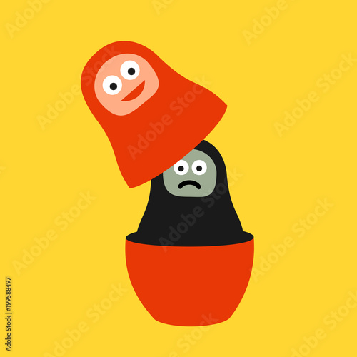 Matryoshka - doll of person with inner and outer personality. Happy and beautifule pretence vs ugly, miserable and sad inner. Deep and real soul and mind is revealed. Vector illustration