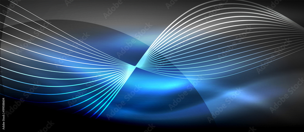 Glowing abstract wave on dark, shiny motion, magic space light. Techno abstract background