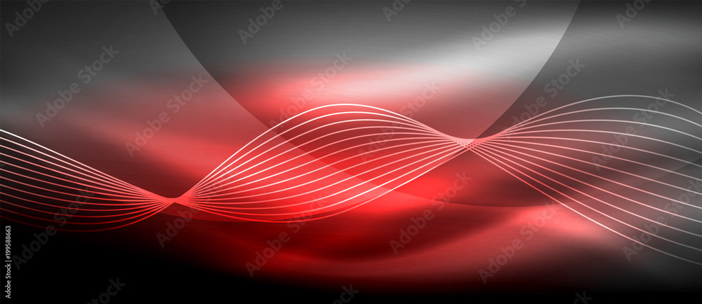 Glowing abstract wave on dark, shiny motion, magic space light. Techno abstract background