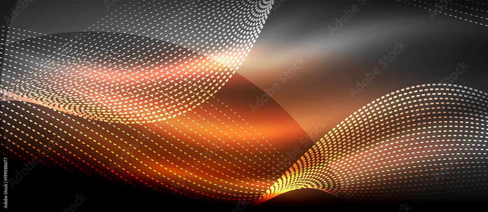 Glowing abstract wave on dark, shiny motion, magic space light. Techno abstract background Glowing abstract wave on dark, shiny motion, magic space light. Techno abstract background