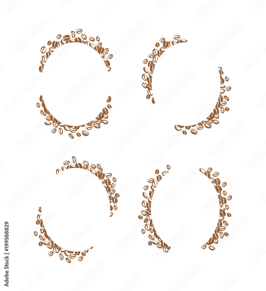 Vector set of hand drawn simple frames made with coffee beans isolated on white background. Ink drawing, stamp  seeds, painting. Perfect for labels, emblems, coffee packaging design.