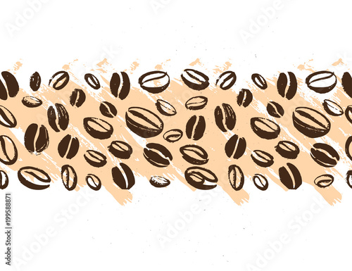 Vector seamless coffee backdrop design with hand drawn coffee beans isolated on white background. Ink drawing, coffee seeds. Packaging design, wallpaper, banner etc.