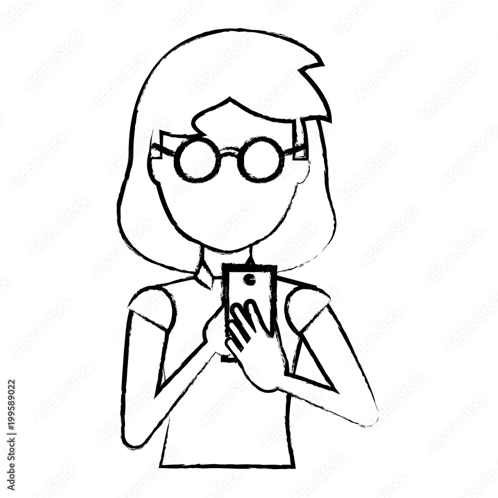 sketch of avatar young woman with glasses and using a cellphone over white background, vector illustration sketch of avatar young woman with glasses and using a cellphone over white background, vector illustration