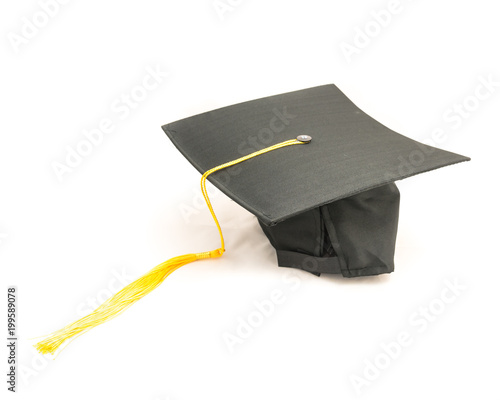 Studio shot of black graduation cap isolated on white background. Achievement and education concept with clipping path and copy space