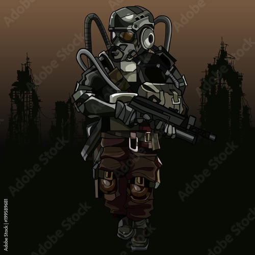 cartoon soldier of the apocalypse in a protective suit with a gun