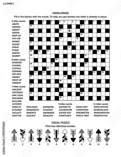Puzzle page with two puzzles: big 19x19 criss-cross word game (English language) and small visual puzzle with whimsical arrows.  Black and white, A4 or letter sized. Answers are on separate file 