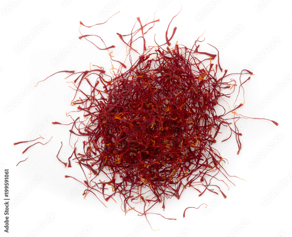 Naklejka premium dried saffron, obtained from crocus flower, isolated on white, close up 