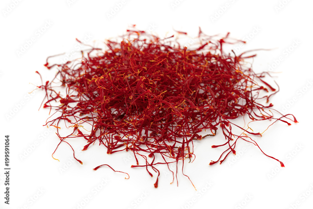 Naklejka premium dried saffron, obtained from crocus flower, isolated on white, close up 