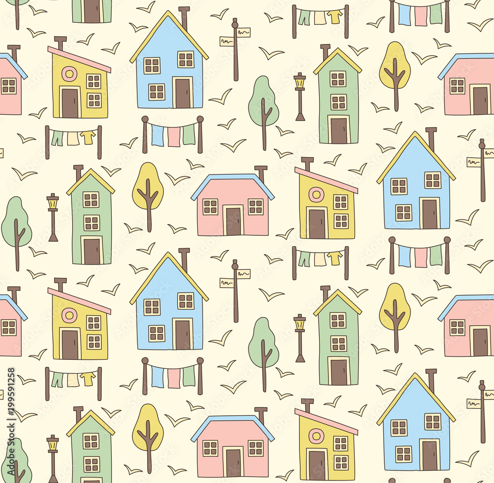 Village houses doodle colorful seamless vector pattern