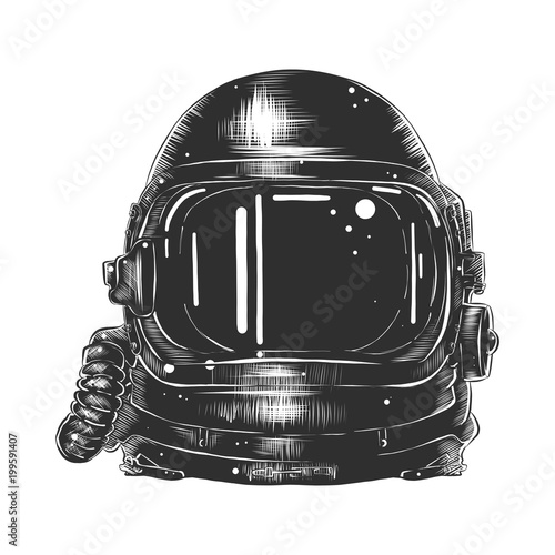 Vector engraved style illustration for posters, decoration and print. Hand drawn sketch of astronaut helmet in monochrome isolated on white background. Detailed vintage woodcut style drawing.