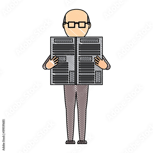 avatar old man standing and reading a newspaper over white background, colorful deign. vector illustration