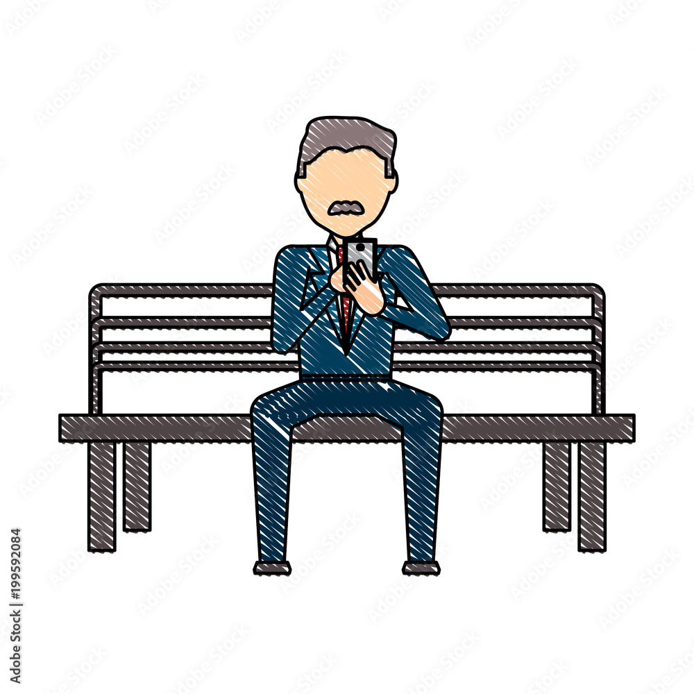 avatar businessman using a cellphone sitting on a bench over white background, colorful design. vector illustration avatar businessman using a cellphone sitting on a bench over white background, colorful design. vector illustration