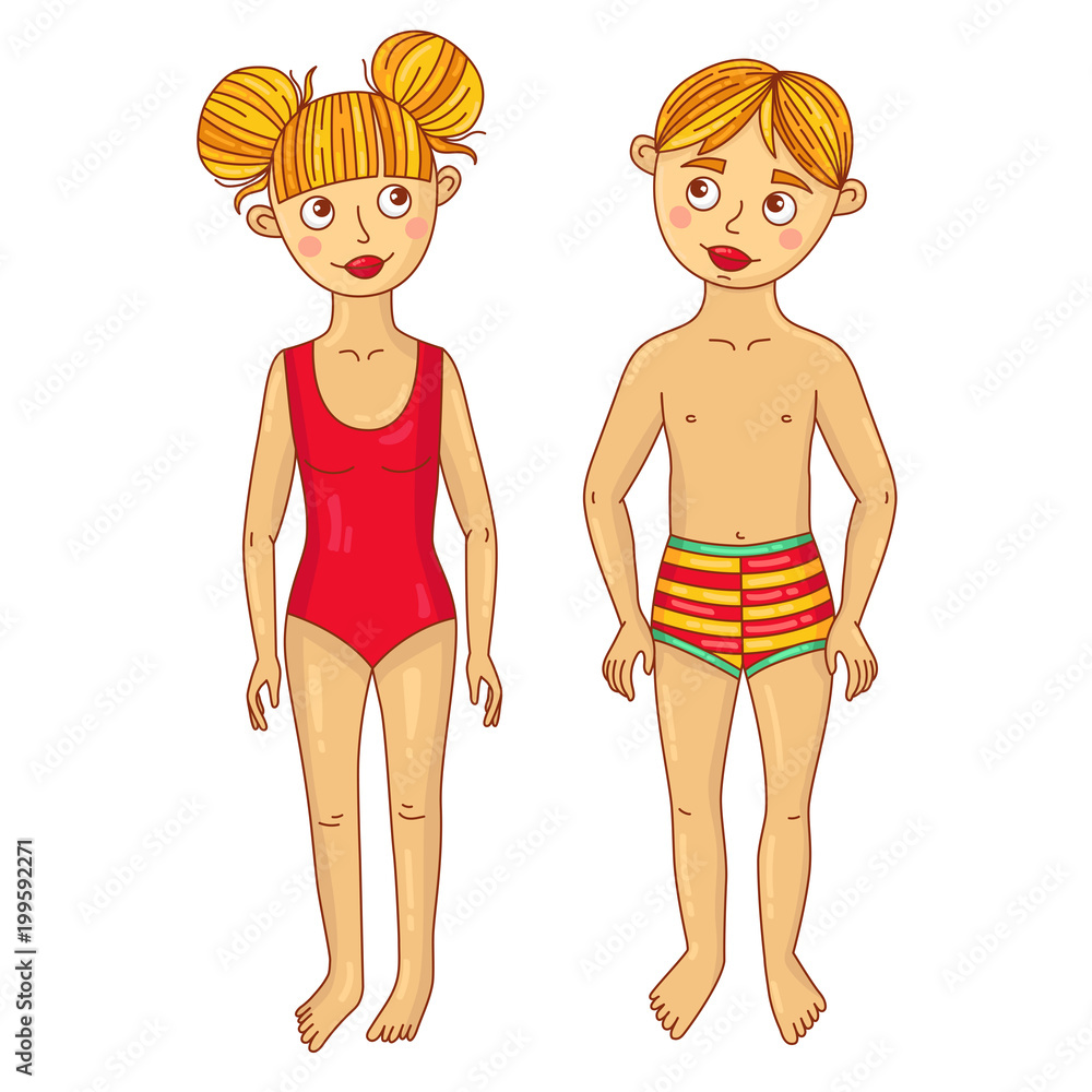 Man and woman girl and boy cartoon characters in swimsuits vector  illustration Stock Vector | Adobe Stock