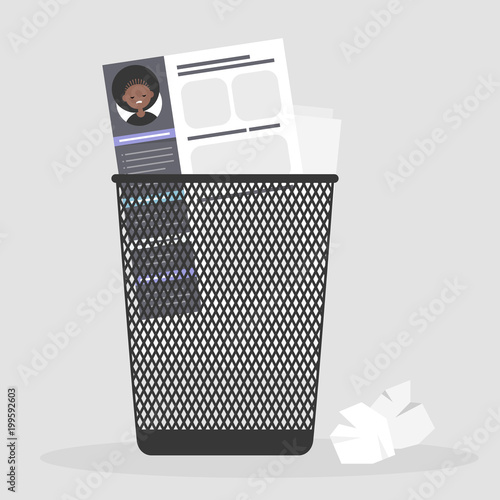 Applying for a job. Rejected. Failure. Sexism at work. Experience and skills. CV in a trash bin. Curriculum vitae / flat editable vector illustration, clip art