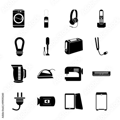 icon Electronic with tea kettle, telephone, touch screen, food and clean