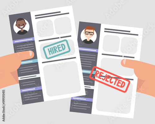 Looking for an employee. Comparing two CVs. Hands holding portfolios of two candidates. Competition. Flat editable vector illustration, clip art