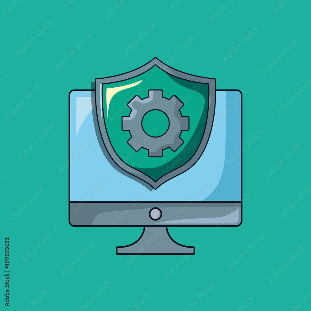 seo design with computer and shield over turquoise background, colorful design. vector illustration seo design with computer and shield over turquoise background, colorful design. vector illustration