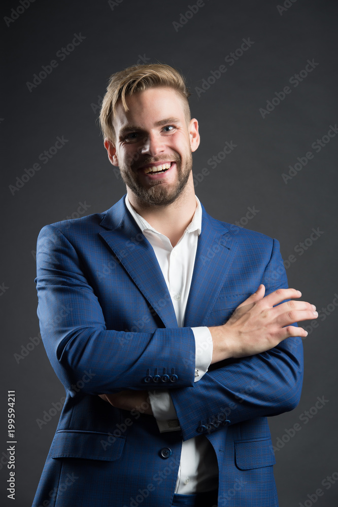 Man smile in blue suit jacket and shirt. Businessman with bearded face and  stylish hair. Happy manager in formal outfit. Fashion, style and dress  code. Business, entrepreneurship and career concept Stock Photo |