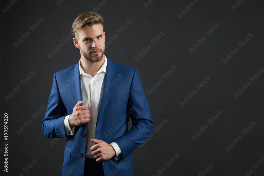 Man in blue suit jacket and shirt. Businessman with bearded face and  stylish hair. Manager in formal outfit. Fashion, style and dress code.  Business, entrepreneurship and career concept, copy space Stock Photo |