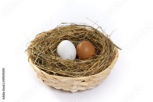 Weißes und braunes Ei im Korb mit Heu auf weißem Hintergrund