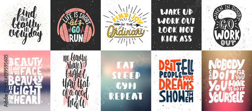Set of vector motivational and inspirational lettering posters, greeting cards, decoration, prints. Hand drawn typography design elements. Handwritten lettering. Modern ink brush calligraphy.