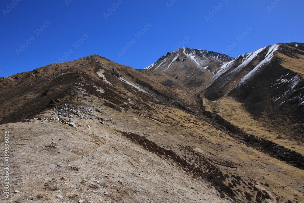 Path leading to the top of mount Tserko Ri, Langtang National Park, Nepal. Popular viewpoint.