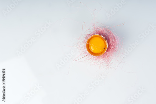 Yolk of broken egg in eggshell decorated with pink sisal nest on the minimalist white background