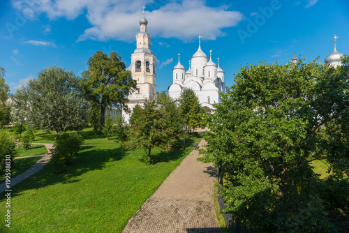 Church of the Ascension and bell tower of Saviour Priluki Monastery by cloud day near Vologda, Russia.
