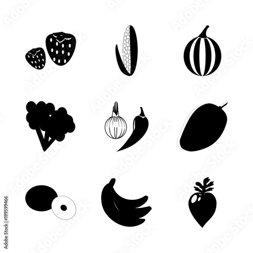 icon Fruits And Vegetables with strawberrie, dredge corn, citrus fruit, citrus and vegetabl