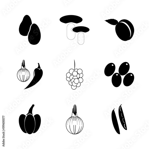 icon Fruits And Vegetables with garlic, ungus, olive crow, pepper and tinder
