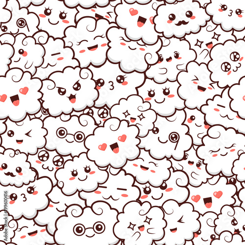 Seamless pattern with cute lovely kawaii clouds. Doodle cartoon clouds with faces in manga style. Cute emoticon emoji hand drawn characters. Emotion smile cartoon