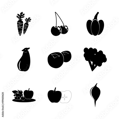 icon Fruits And Vegetables with citrus fruit, black cherry, vegetabl, carrots and jelly apple
