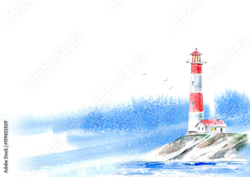 Landscape of a lighthouse and the ocean and sky.Sea picture.Watercolor hand drawn illustration.White background.