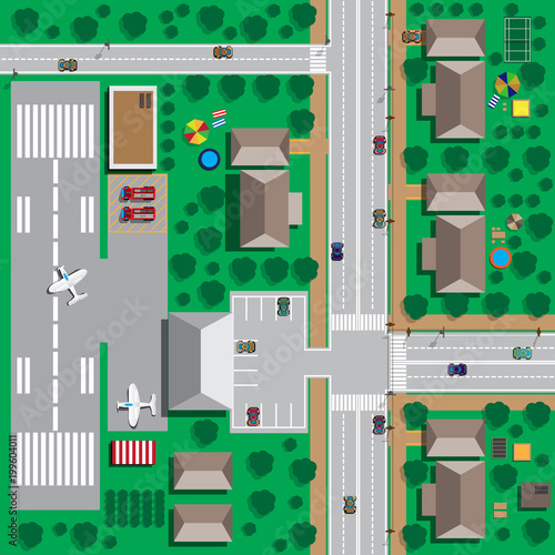 Map of the city with the airport. View from above. Vector illustration.