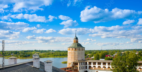 Fortress tower and wall of Kirillo-Belozersky monastery near City Kirillov, Vologda region, Russia photo