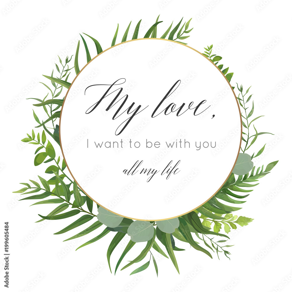 Vector floral greeting card design with elegant tropical greenery, plam leaves,eucalyptus green branches,  herbs, ferns wreath & golden frame. Romantic editable wedding invitation, banner template