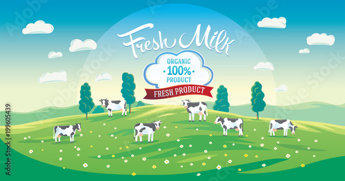Summer scenery with herd of cows in cartoon style with the inscription and decorative design elements.