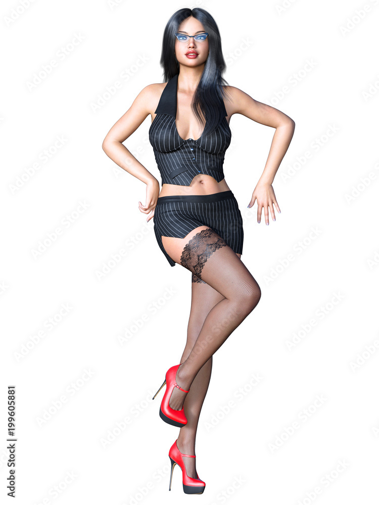 Long-haired sexy brunette secretary in black stockings. Beautiful girl with glasses stand office sexually explicit pose. Realistic 3D rendering isolate illustration. Long-haired sexy brunette secretary in black stockings. Beautiful girl with glasses stand office sexually explicit pose. Realistic 3D rendering isolate illustration.
