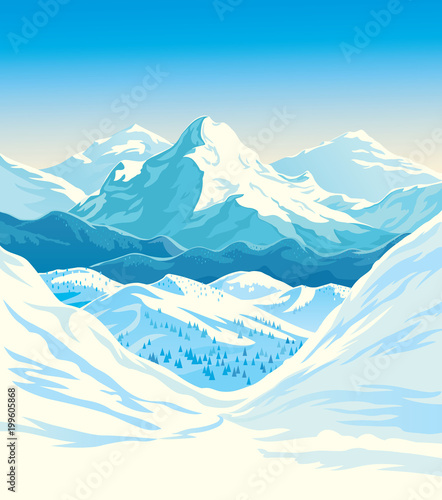 Photographie Winter mountain landscape with steep slopes along the edges