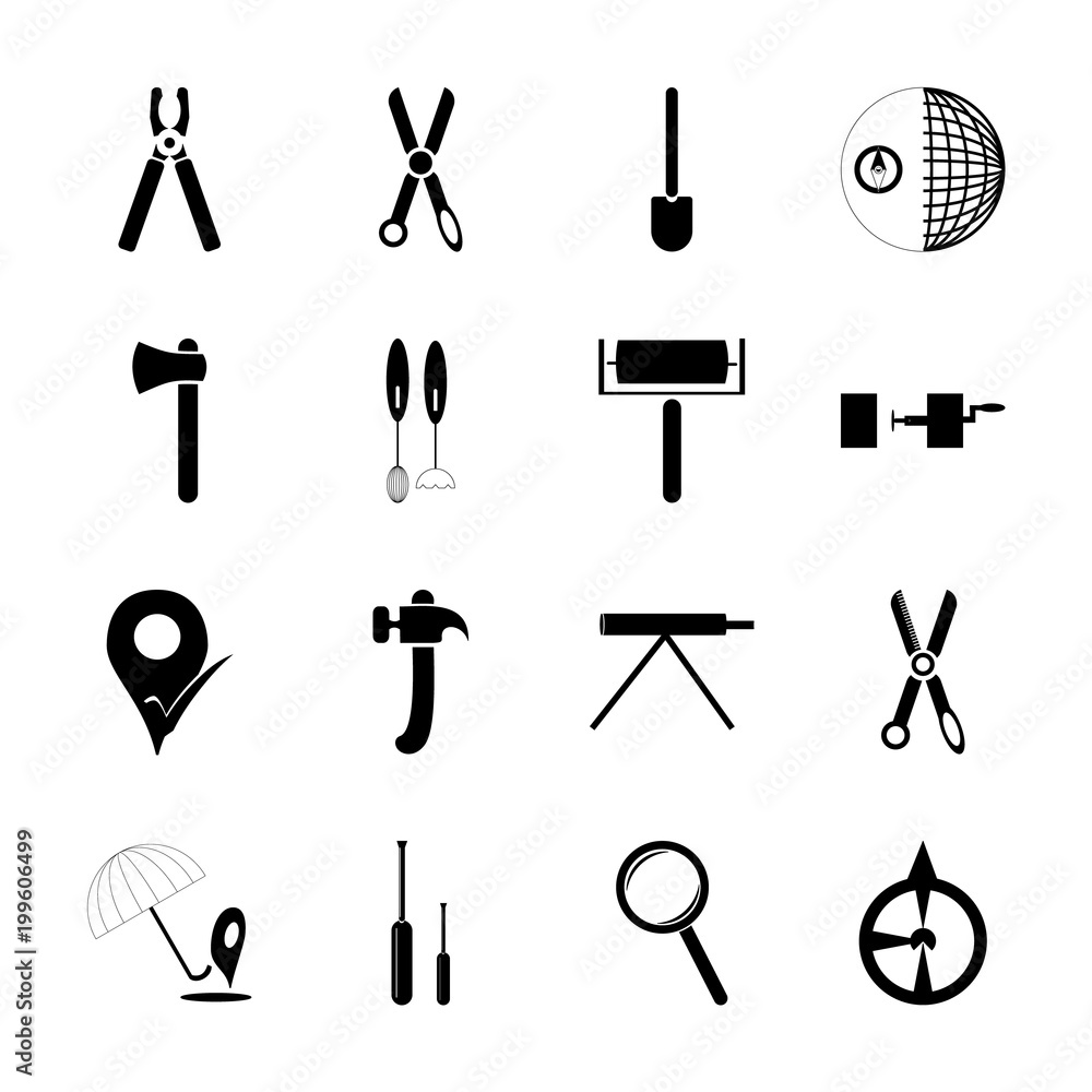 icon Instruments And Tools with look, fing, loupe, paint roller and axe icon Instruments And Tools with look, fing, loupe, paint roller and axe