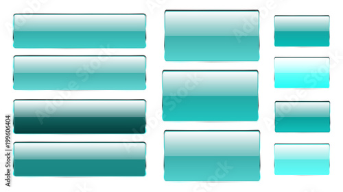 Set of blue rectangular and square glass transparent bright beautiful vector buttons of different shades with a silvery metal frame for clicks, clicking icons for the site. Vector illustration
