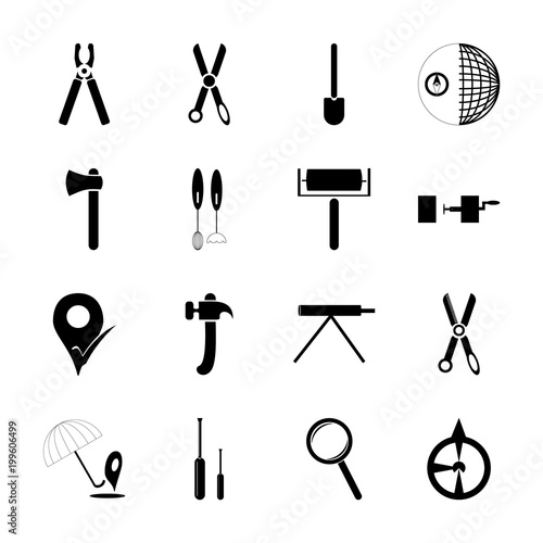 icon Instruments And Tools with look, fing, loupe, paint roller and axe