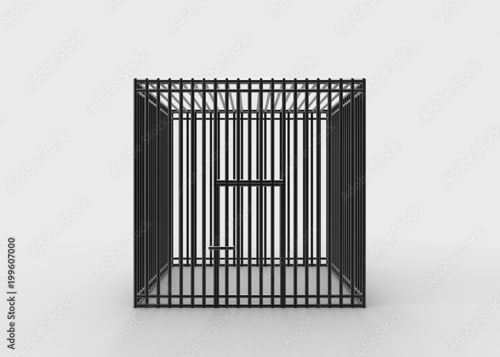 3d rendering. Square black steel wire cage on gray background. No freedom concept.